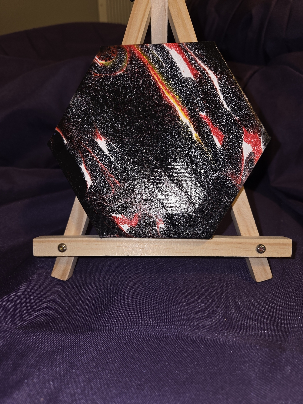 6x6 Abstract Hexagon Home Art Painting in Black with Red and White Accents